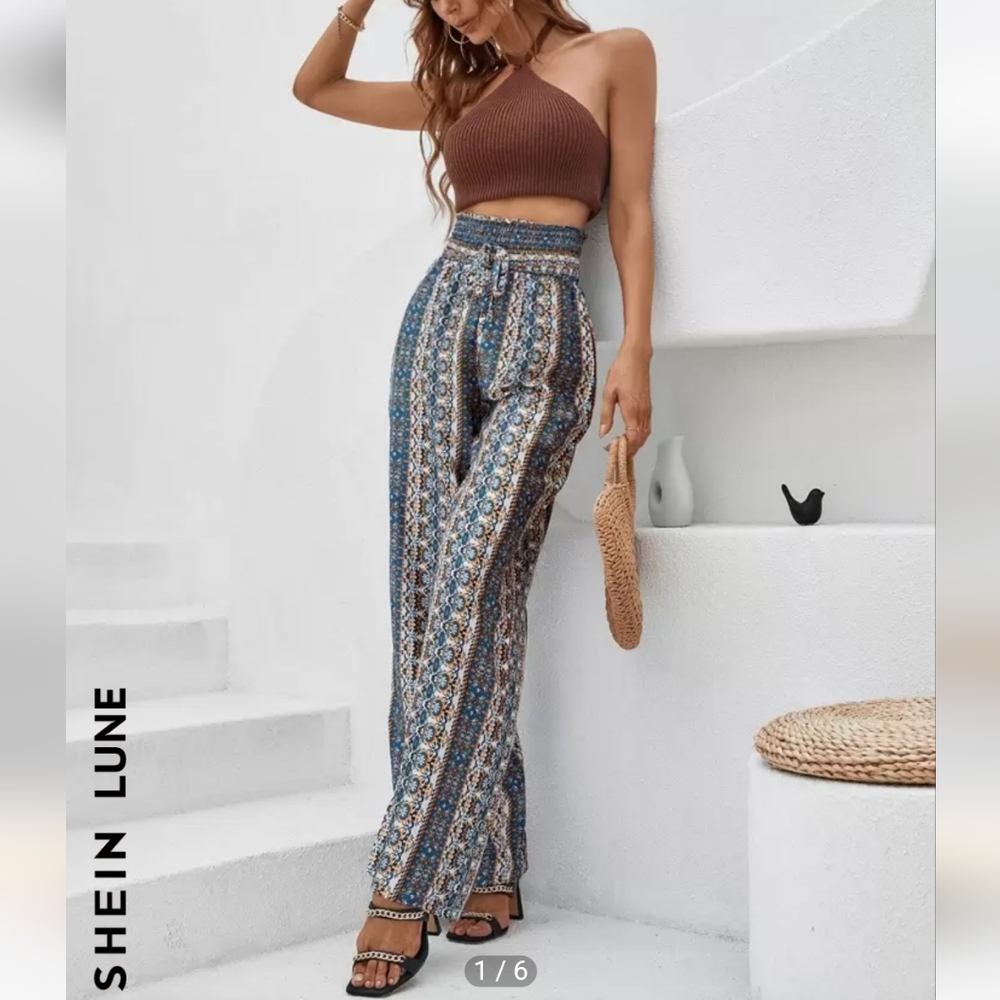 SHEIN Lune Wide Leg High Waisted Smocked Palazzo Pant Travel Flowy Boho NWT Lrg
